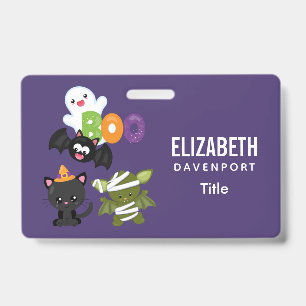 Badge Joli chat d'Halloween, chauve-souris, momie et fan