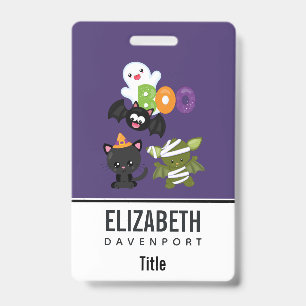 Badge Joli chat d'Halloween, chauve-souris, momie et fan