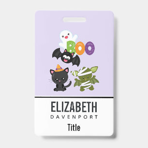 Badge Joli chat d'Halloween, chauve-souris, momie et fan