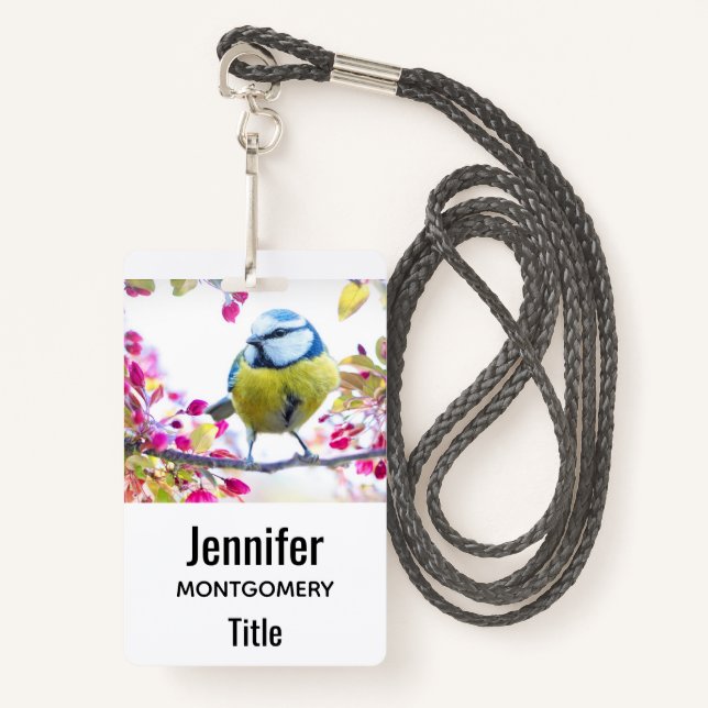 Badge Joli oiseau bleu et jaune sur une branche Photogra (Devant avec lanière)