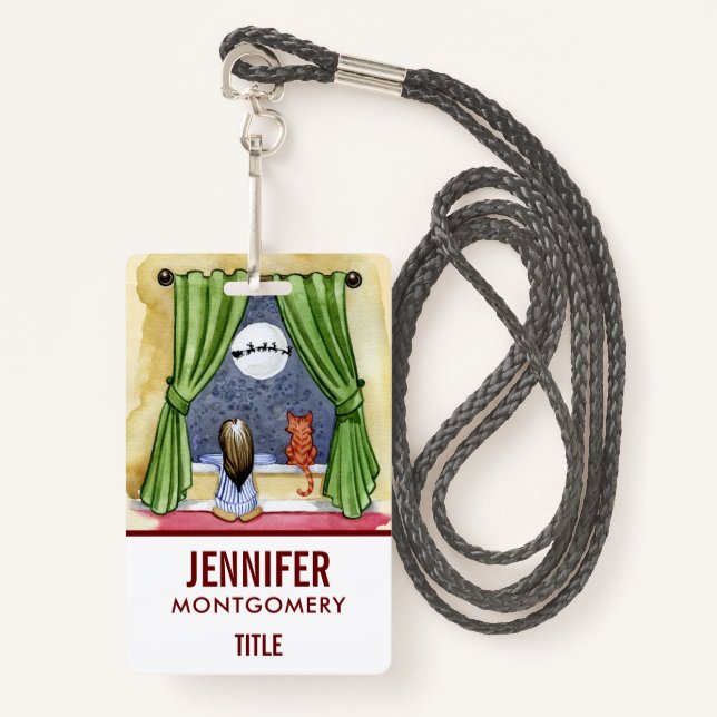 Badge Jolie réveillon de Noël Enfant & Chat Kitty Aquare (Devant avec lanière)