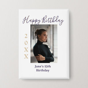 Badge joyeux 15e anniversaire photo nom année t violet p