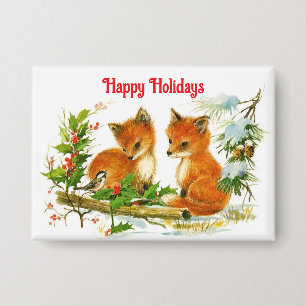 Badge Joyeux Fêtes Renards Bouton Pin