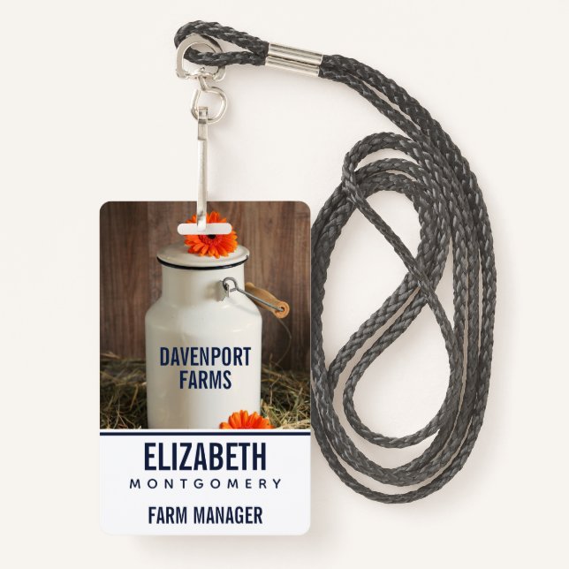 Badge Jus de lait blanc rustique avec fleurs orange Phot (Devant avec lanière)