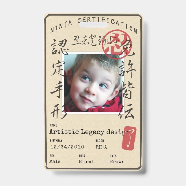 Badge Kids Ninja ID (Customize image & text!) (Face)
