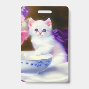 Badge Kitten blanc vintage avec ruban violet