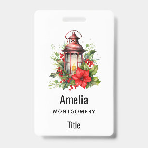 Badge Lanterne de Noël rouge Poinsettia et Pin