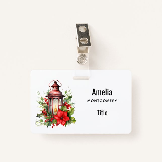 Badge Lanterne rouge de Noël Poinsettia et pin (Devant avec clip)