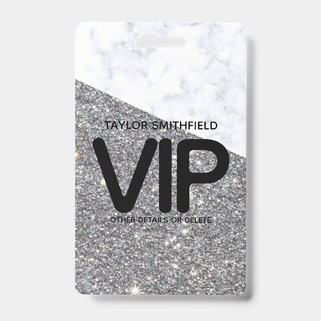 Badge lanyard VIP personnalisé paillettes argentée (Avant)