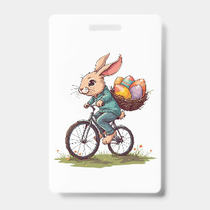 Badge Lapin de Pâques à vélo avec panier d'œufs