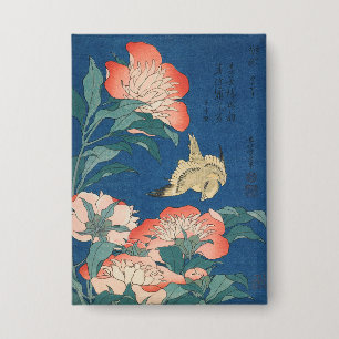 Badge L'art japonais de Hokusai Pivoines et Canari
