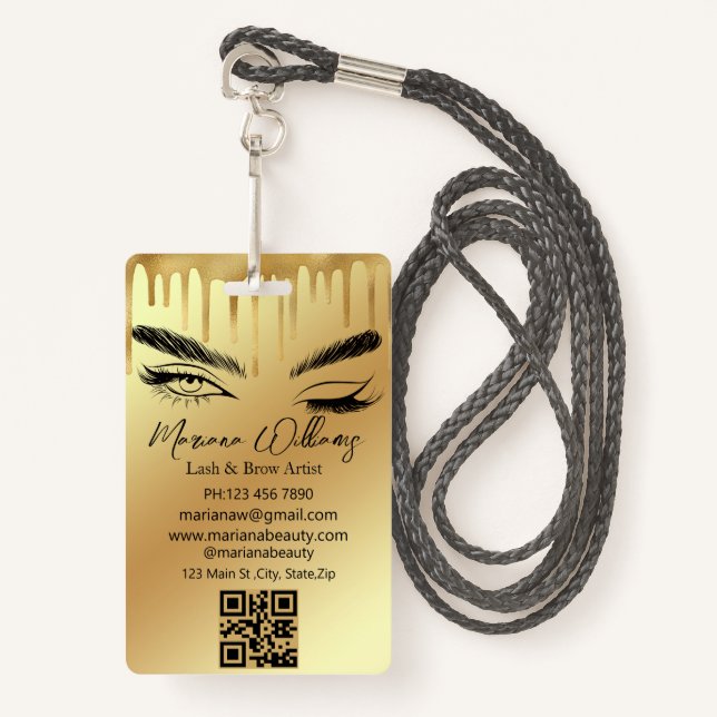Badge lash & brow artiste qr code or de l'entreprise de  (Devant avec lanière)