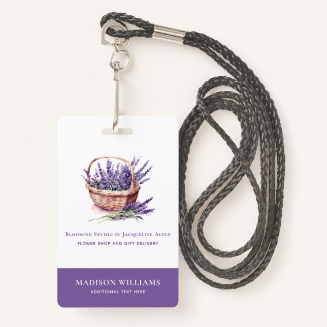 Badge Lavande d'aquarelle personnalisée Floriste Busines (Devant avec lanière)