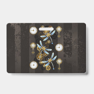 Badge Libellules Steampunk sur fond rayé marron