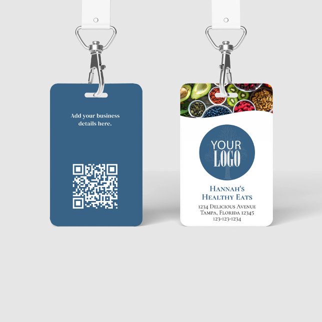 Badge Logo d'entreprise simple photo QR Code bleu (Simple photo badges with a full bleed photo template. )