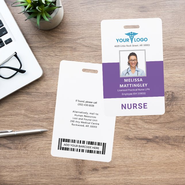 Badge Logo et photo de l'employé de l'hôpital (Nurse Photo Purple ID Card with Barcode)