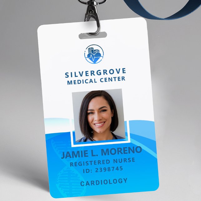 Badge Logo Médicale Soins de santé Moderne bleu Photo In (nurse id badge custom hospital clinic medical center office clinic dna blue logo photo qr code)