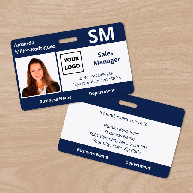 Badge Logo personnalisé des employés carte d'identité ph (Custom Employee Logo Navy Blue Photo ID Badge, front/back)