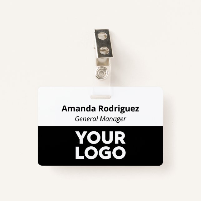 Badge Logo personnalisé Employé Nom noir blanc simple (Devant avec clip)