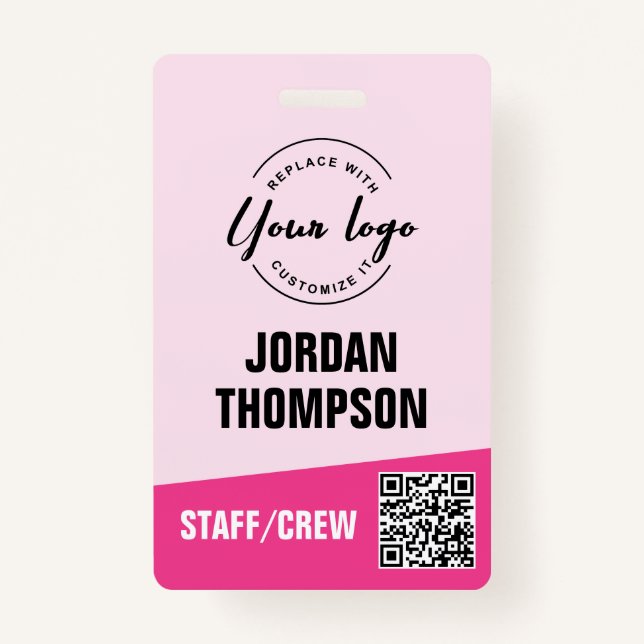 Badge Logo personnalisé rose entreprise événement QR cod (Devant)