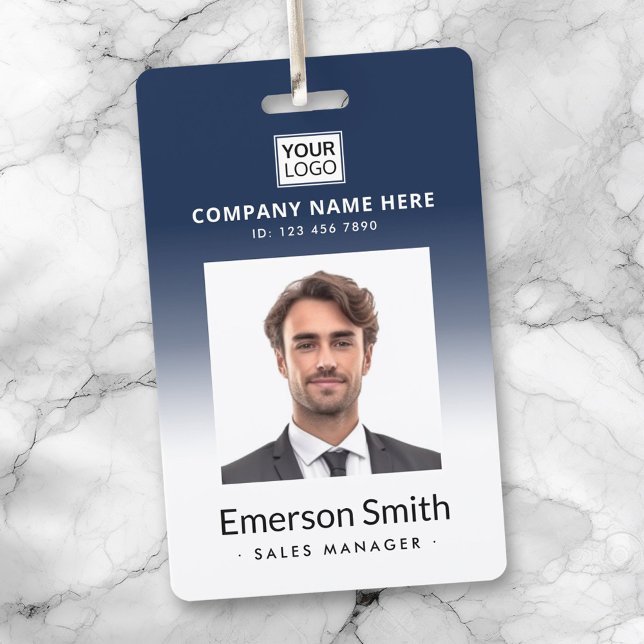 Badge Logo photo bleu foncé blanc nom de l'employé id (Logo photo dark blue white employee name title id badge)