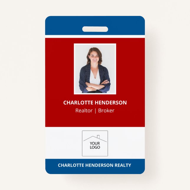 Badge Logo photo de l'agent immobilier bleu et blanc rou (Devant)