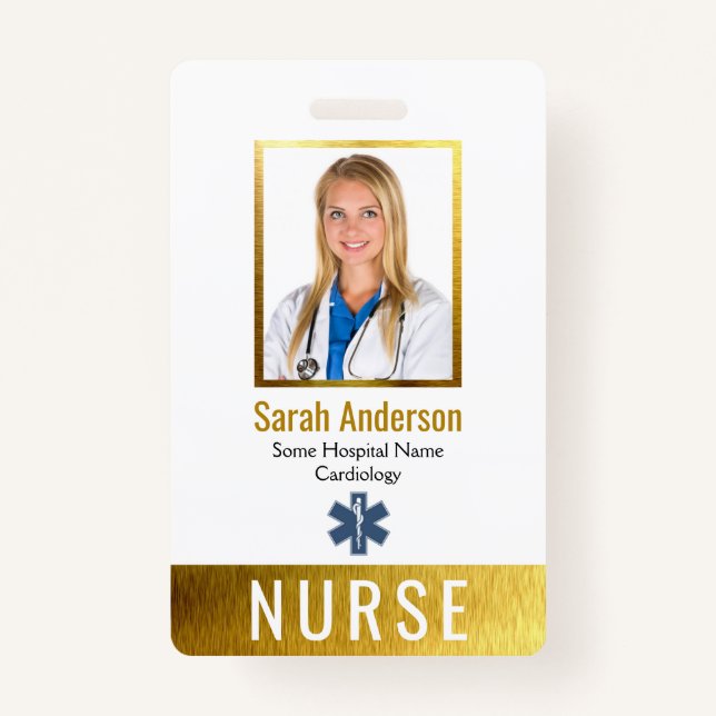 Badge Logo Photo Infirmière Code barre Faux Gold Élégant (Devant)