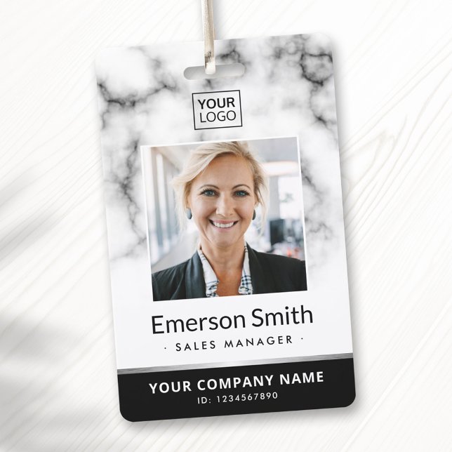 Badge Logo photo marbre blanc noir employé moderne (Photo logo white marble black modern employee badge)