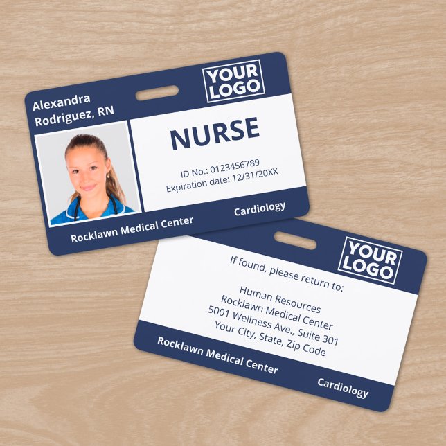 Badge Logo photo personnalisée Marine bleu Médicale ID e (Custom Photo Logo Navy Blue Medical Employee ID Badge, front/back)