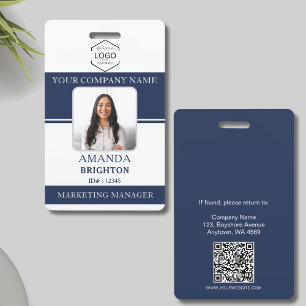 Badge Logo QR Code photo d'employé bleu marine blanc