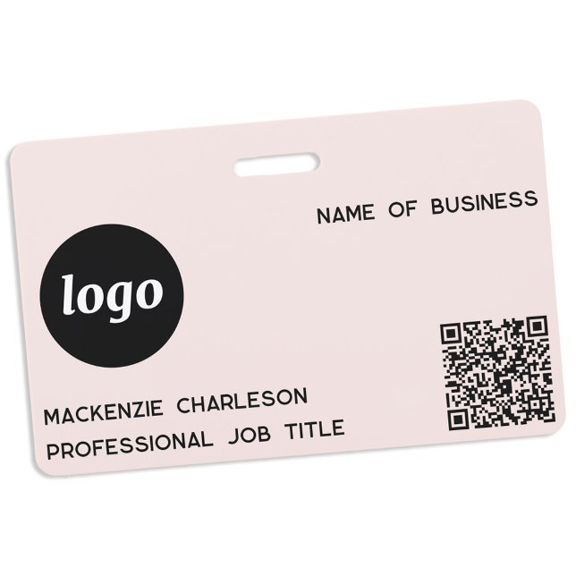 Badge Logo QR Code Professionnel Entreprise Blush Pink N (Simple logo QR code with custom text business promotional branding name tag)