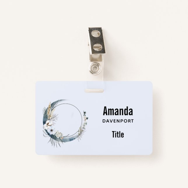 Badge Lune de croissant bleu avec fleurs blanches (Devant avec clip)