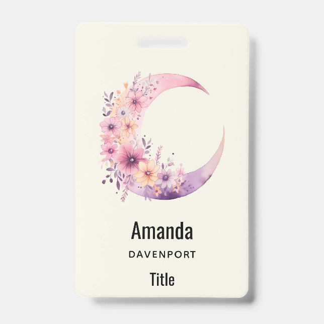 Badge Lune rose Croissant avec de jolies fleurs (Front)