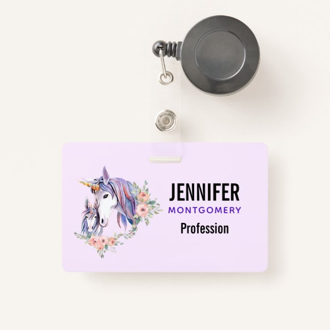 Badge Magique Unicorne maman & bébé aquarelle (Front with Retractable)