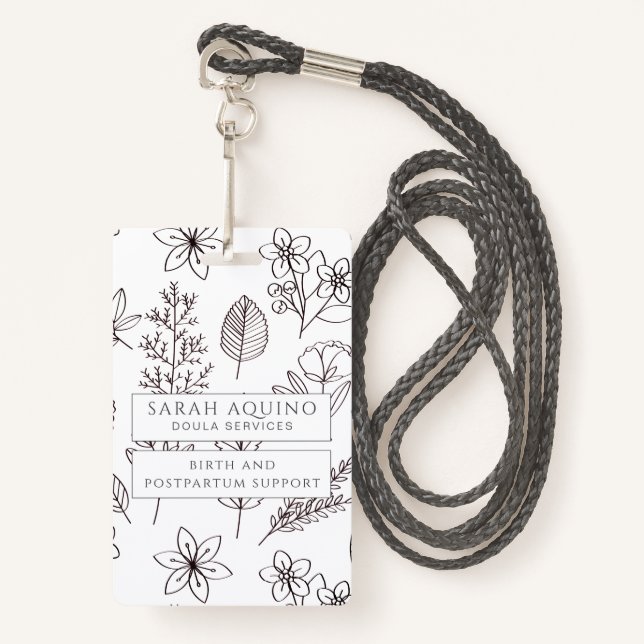 Badge Main Whimsical Tirée Florale Sur Doula Blanche (Devant avec lanière)