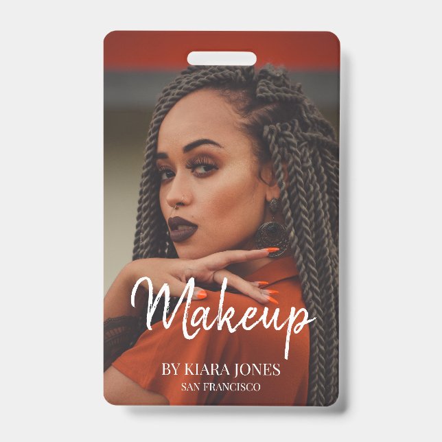 Badge Maquilleuse à la Mode Photo Écriture Blanche (Avant)