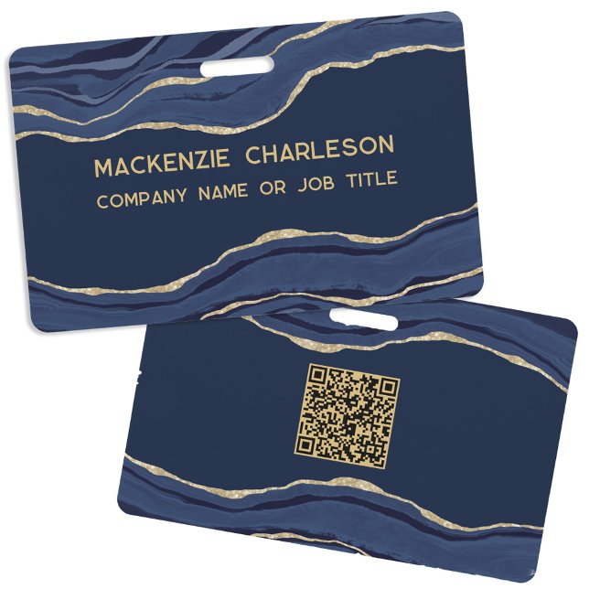 Badge Marbre Bleu Nuit Agate Géode Code QR Entreprise No (Navy blue gold marble agate geode professional business QR code name id badge)