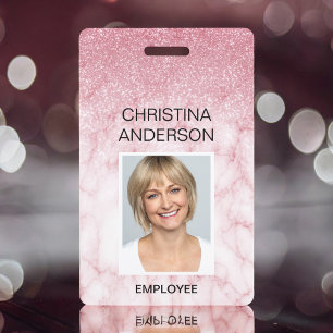 Badge Marbre Rose Pailleté Nom de l'employé Photo Entrep