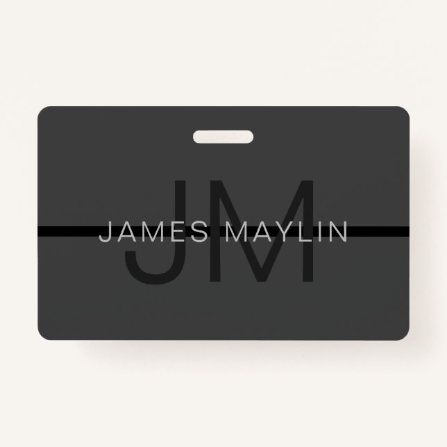 Badge Masculine élégant gris foncé Nom et monogramme (Devant)