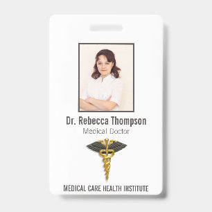 Badge Médicale Elegant Gold Caduceus Black Wings ID phot