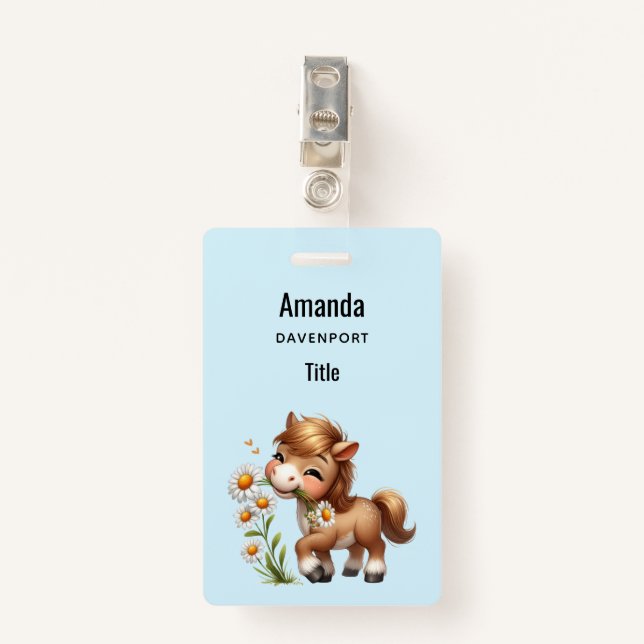 Badge Mignonne Pony Mange Manger Des Marguerites (Devant avec clip)