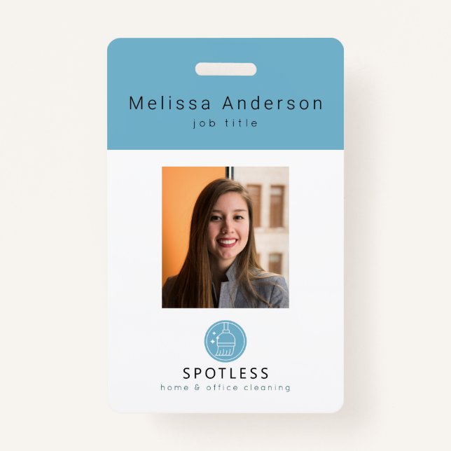 Badge Modern Broom Logo Blue Cleaning Service ID Photo (Devant)