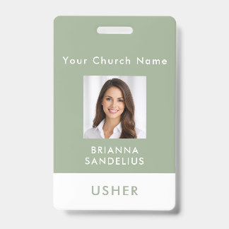 Badge Modern Sage Green Church Usher Photo ID