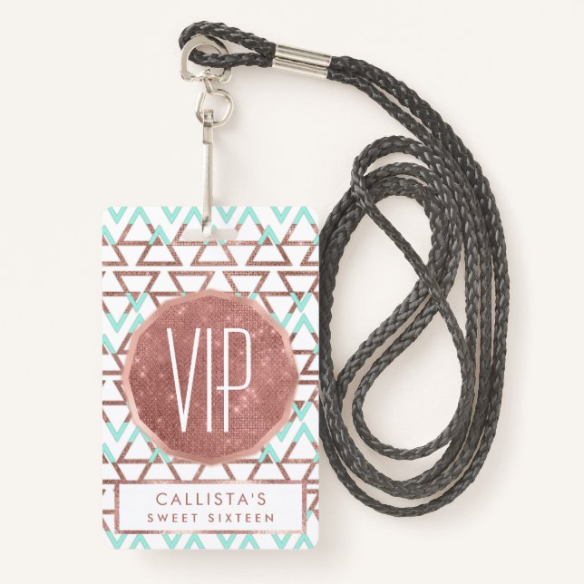 Badge Moderne Chic Mint Green Rose Parties scintillant o (Devant avec lanière)