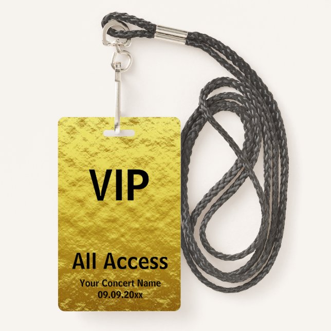 Badge Moderne Personnalisé Gold Black VIP All Access (Devant avec lanière)