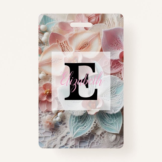 Badge Monogram lace floral pink pastel orchid flowers  (Devant)