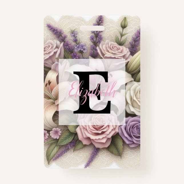 Badge Monogram lace floral purple roses lavender lilies  (Devant)