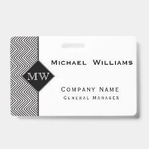 Badge Monogramme à motif chevron abstrait noir et blanc