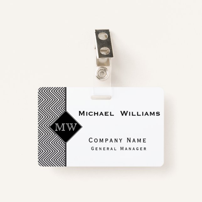 Badge Monogramme Motif Abstrait Chevron noir et blanc (Devant avec clip)