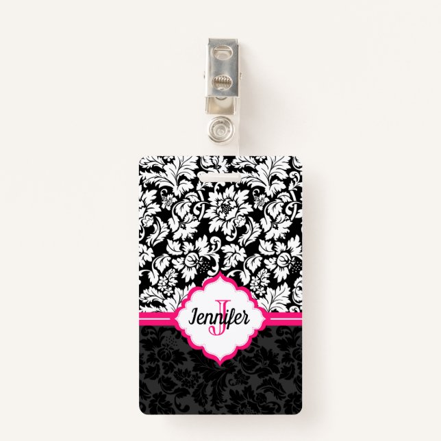 Badge Monogramme noir blanc et rose Damas (Devant avec clip)